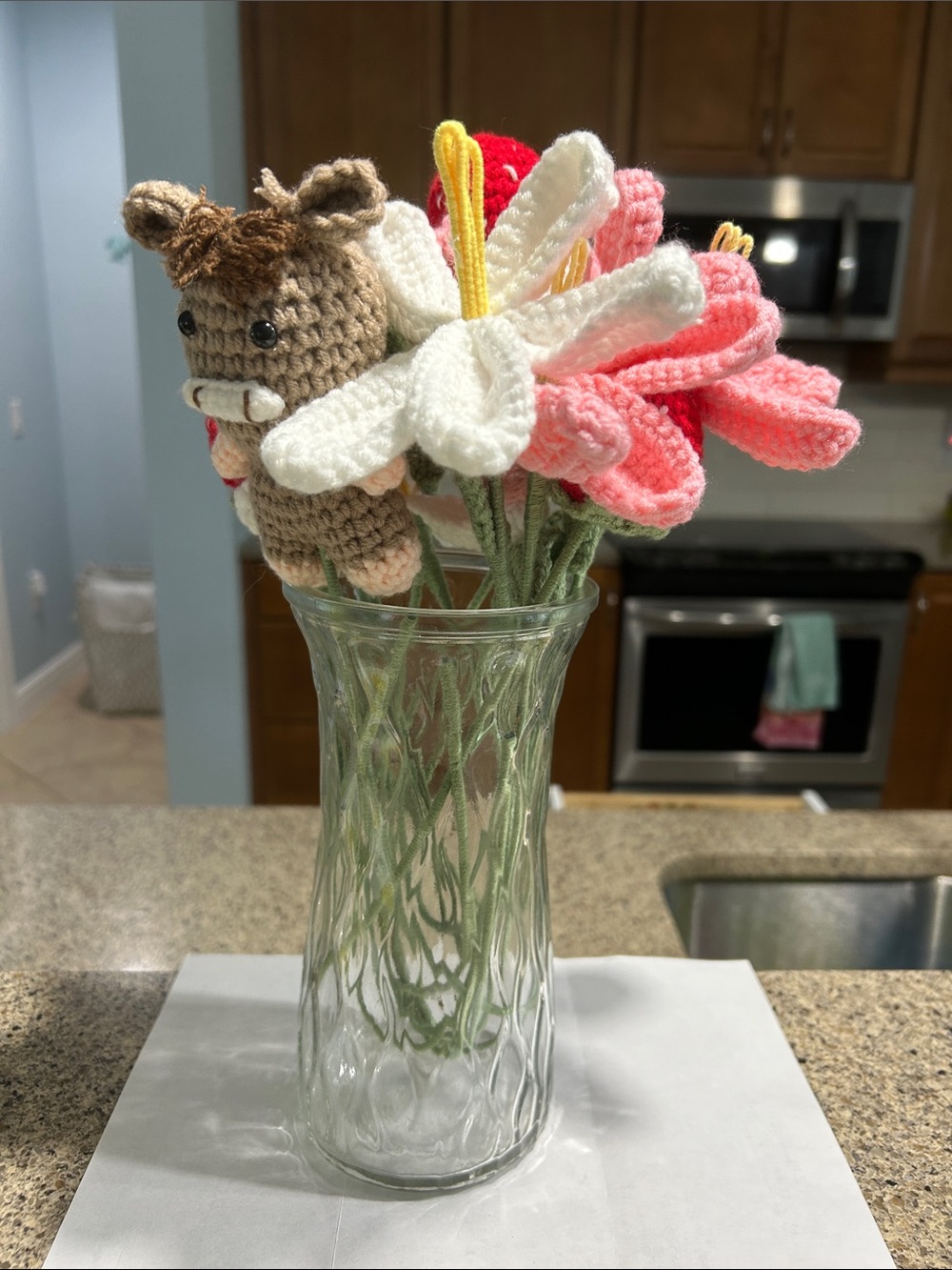 Crochet Spring Floral Bouquet with Plush Accent - Pink & White